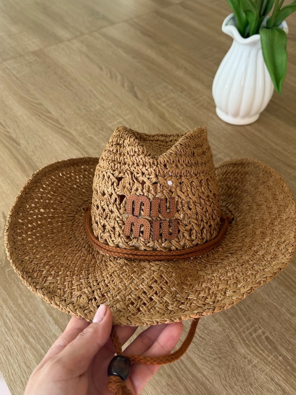 Miu Miu Tan Woven Straw Cowboy Hat